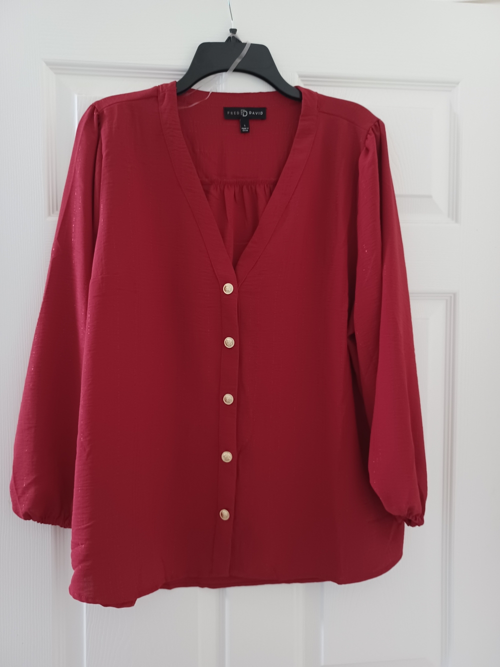 Fred David Deep Red V-Neck Button Front Blouse